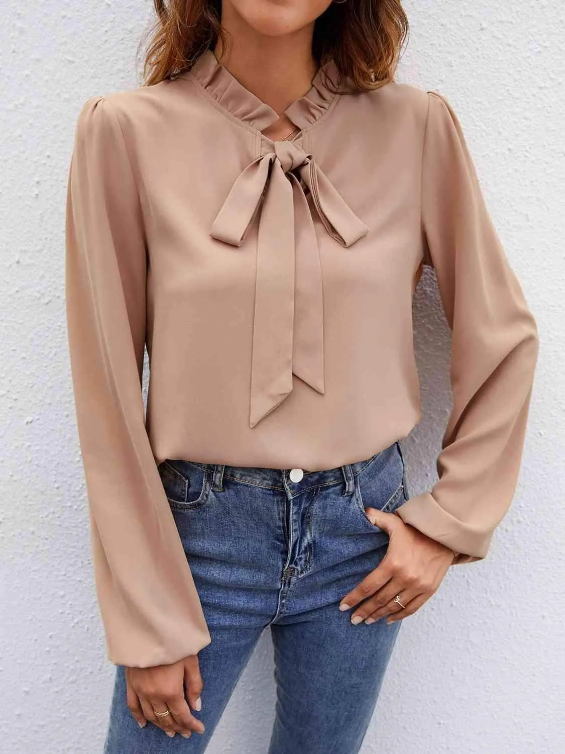 Tie Neck Puff Sleeve Blouse Blouses - Tophatter Daily Deals
