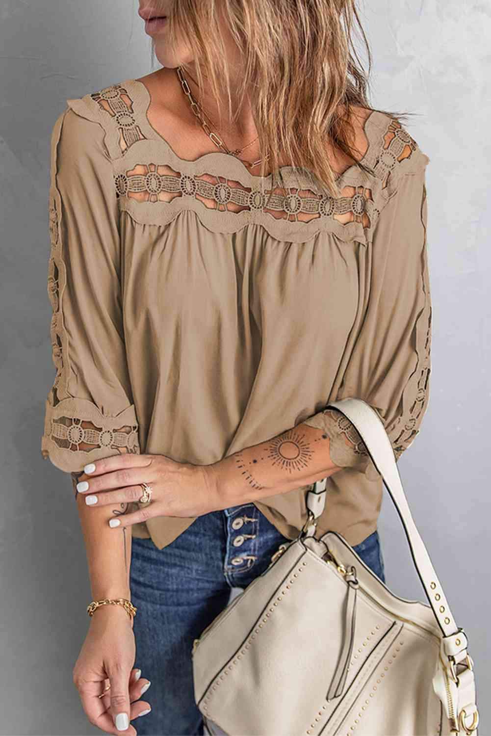 Crochet Openwork Three-Quarter Sleeve Blouse Taupe Blouses - Tophatter Daily Deals