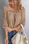 Crochet Openwork Three-Quarter Sleeve Blouse Taupe Blouses - Tophatter Daily Deals