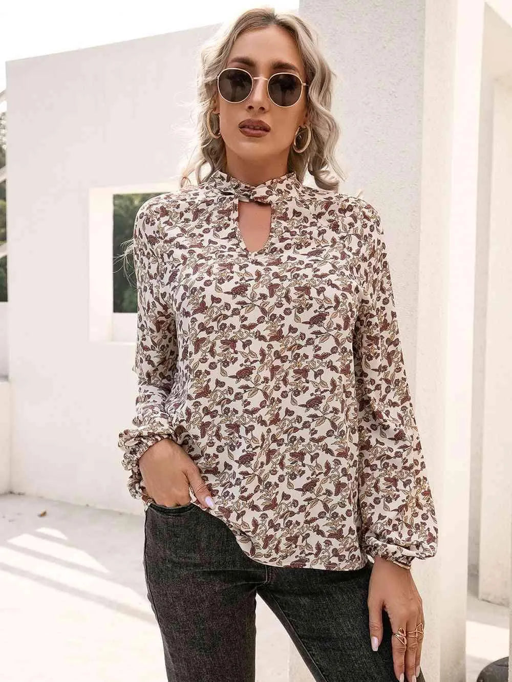 Floral Print Long Sleeve Mock Neck Blouse Blouses - Tophatter Daily Deals
