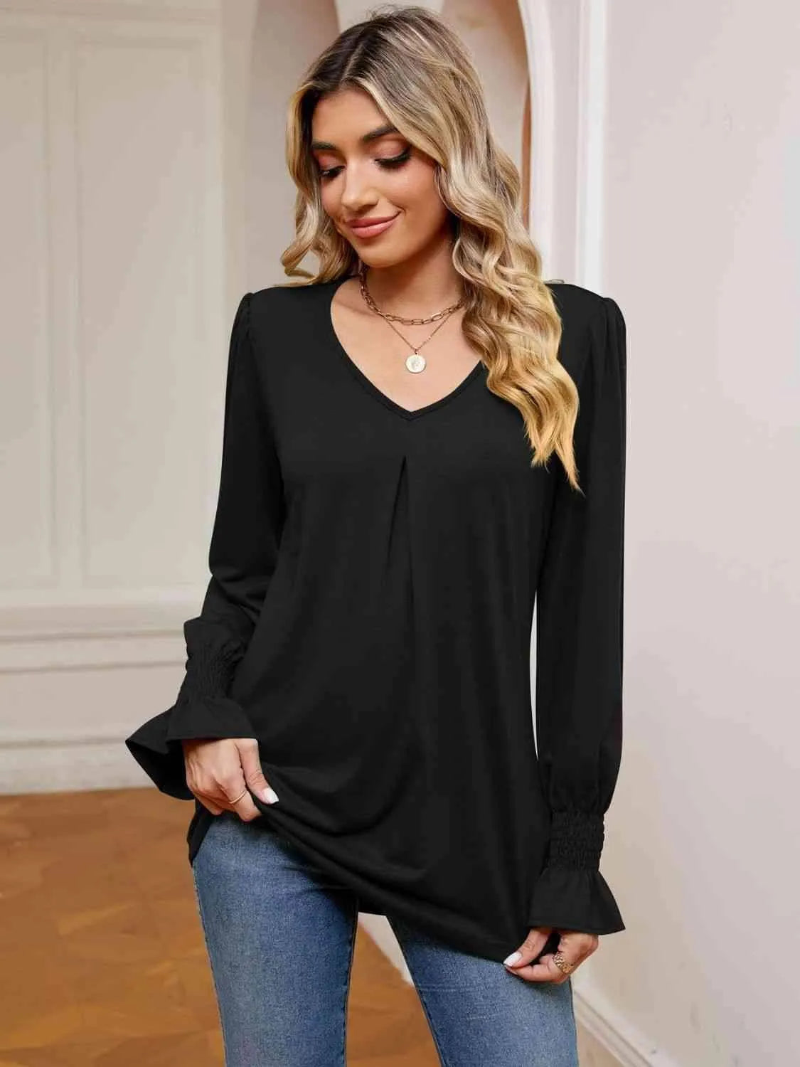 V-Neck Flounce Sleeve Blouse Blouses - Tophatter Daily Deals