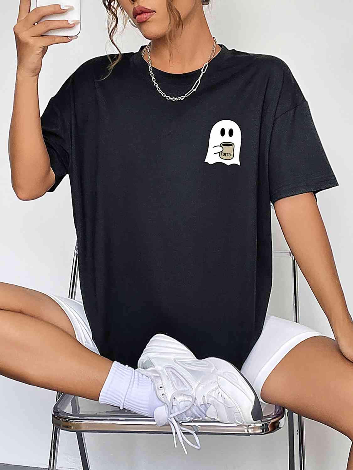 Round Neck Short Sleeve Ghost Graphic T-Shirt Black Women's T-Shirts - Tophatter Daily Deals