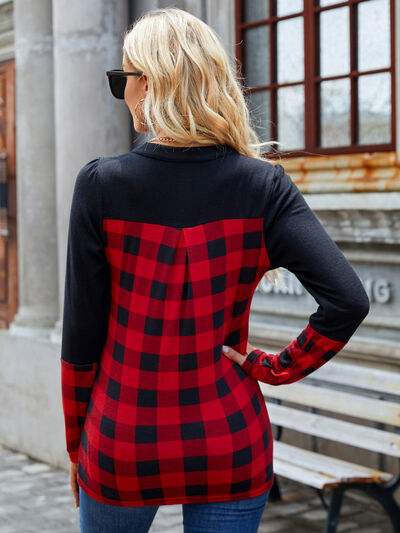 Plaid Notched Long Sleeve T-Shirt Women's T-Shirts - Tophatter Daily Deals