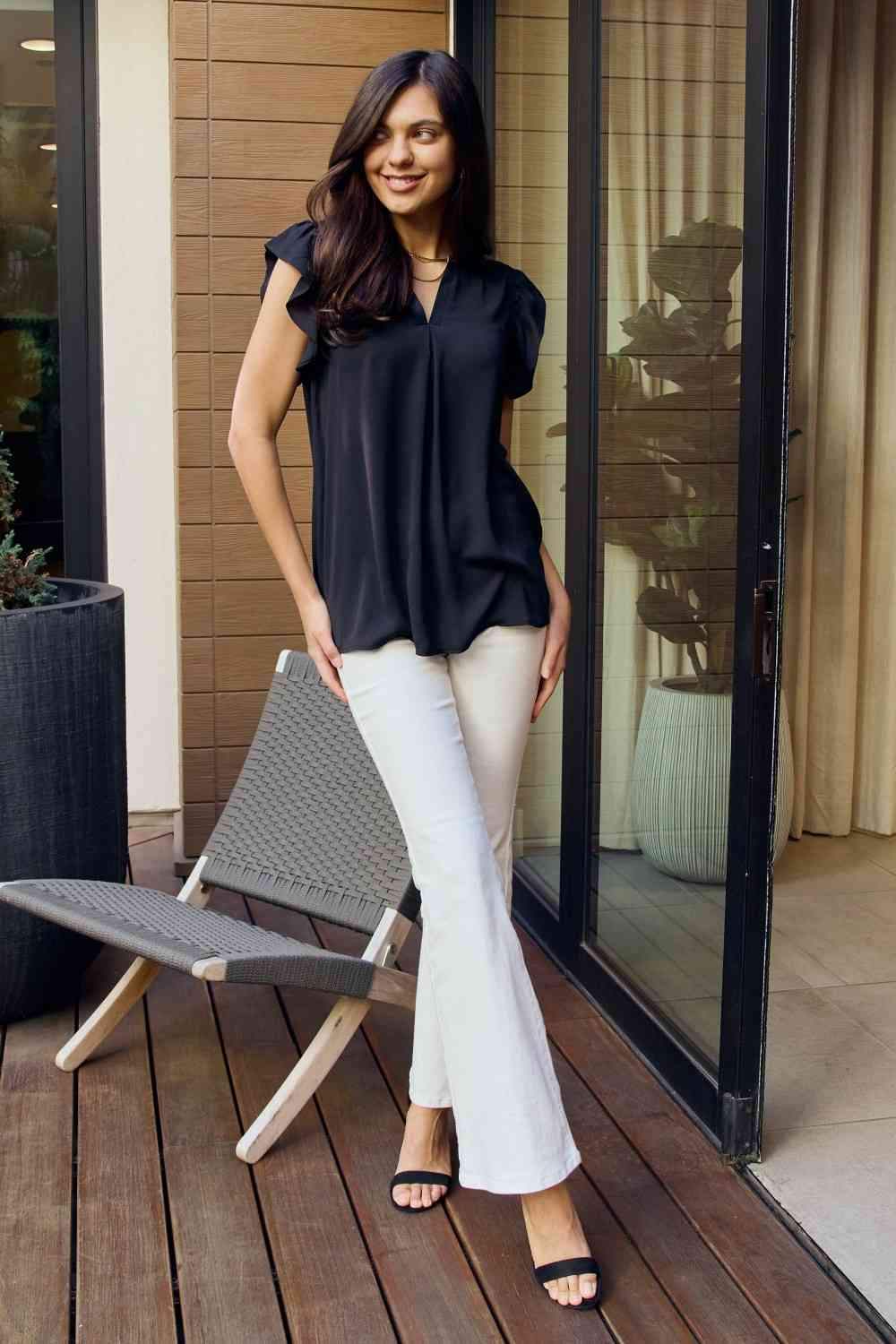 Zenana Full Size Ruffle Shoulder Notched Neck Blouse Blouses - Tophatter Daily Deals