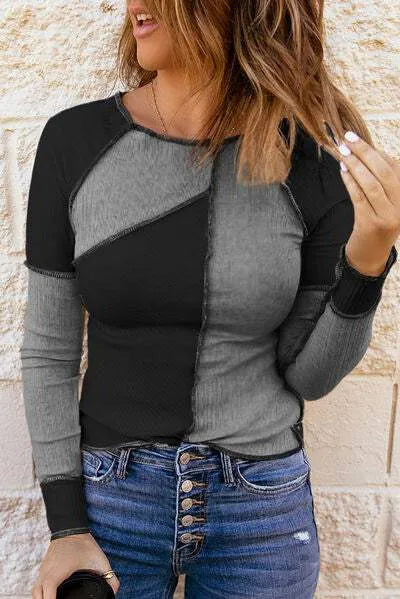 Color Block Round Neck Long Sleeve T-Shirt Women's T-Shirts - Tophatter Daily Deals