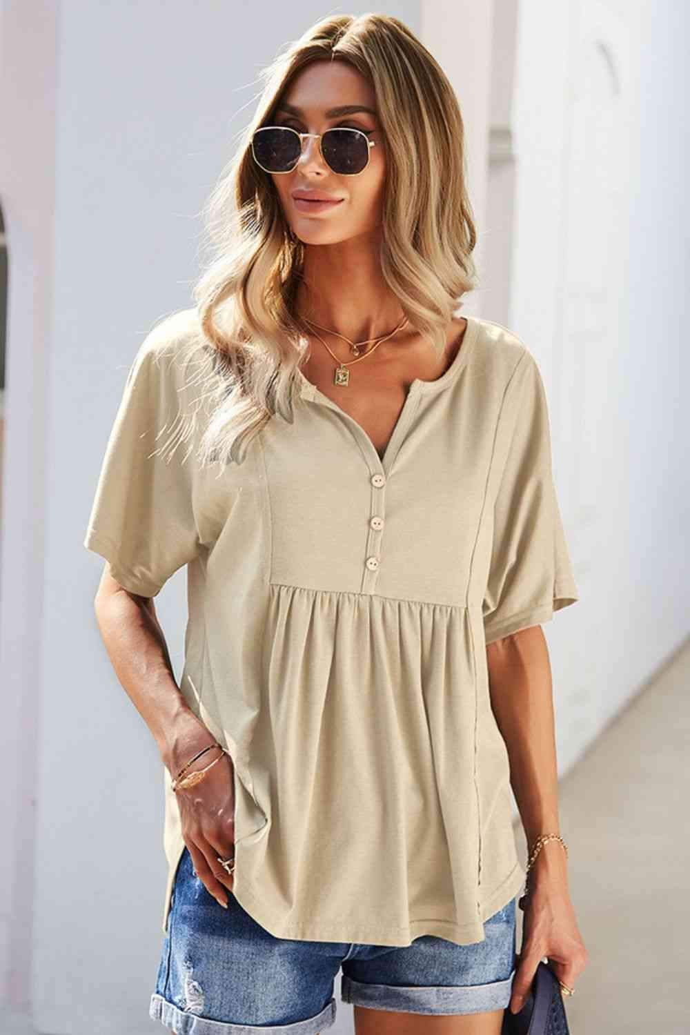 Double Take Buttoned Notched Neck Short Sleeve Top Beige Blouses - Tophatter Daily Deals