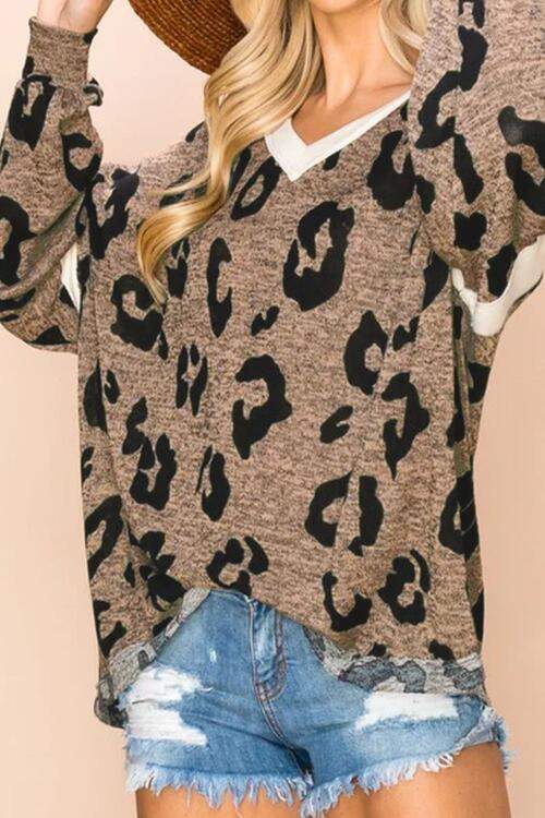 Leopard V-Neck Dropped Shoulder Blouse Blouses - Tophatter Daily Deals