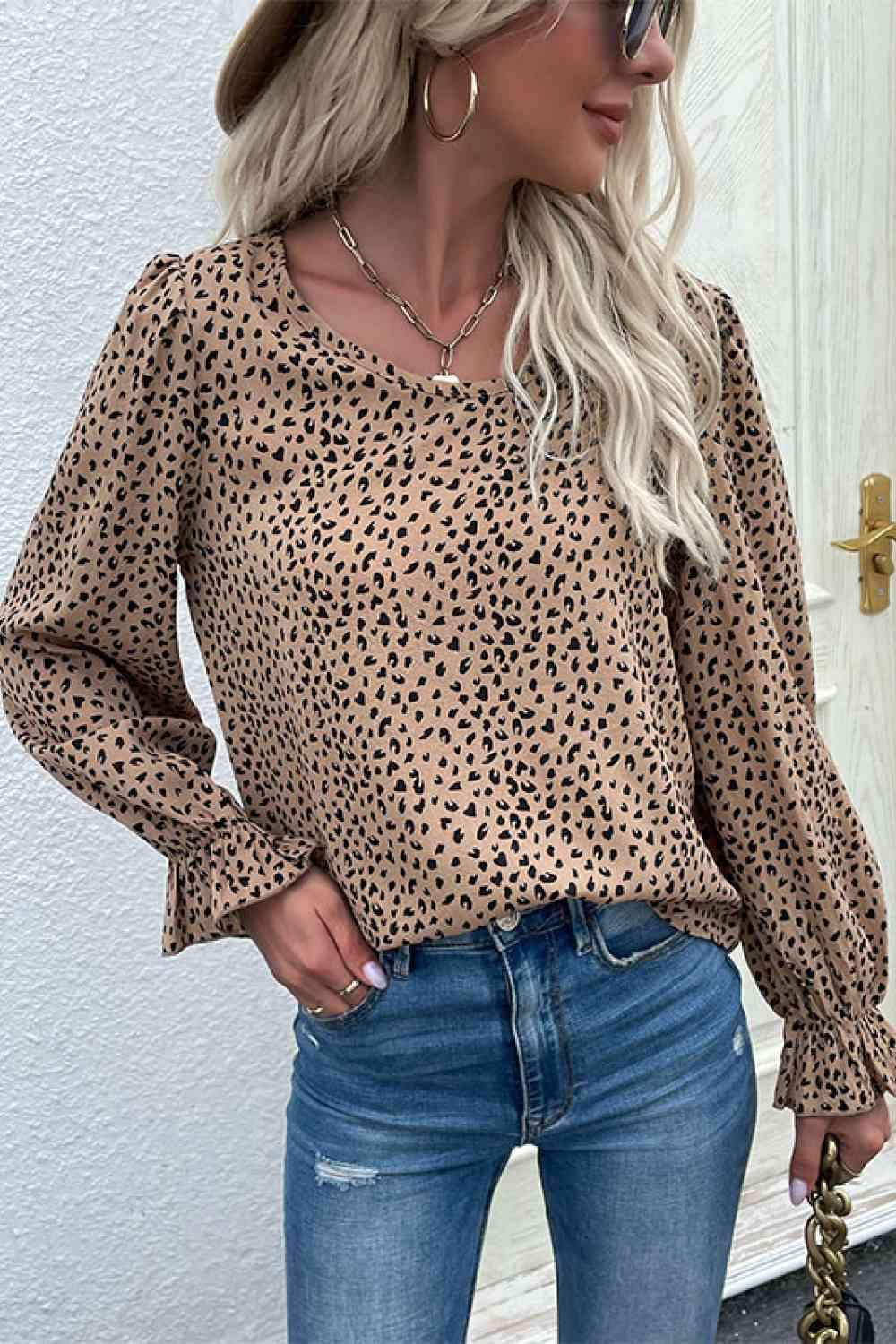 Leopard Flared Sleeve Round Neck Blouse Blouses - Tophatter Daily Deals