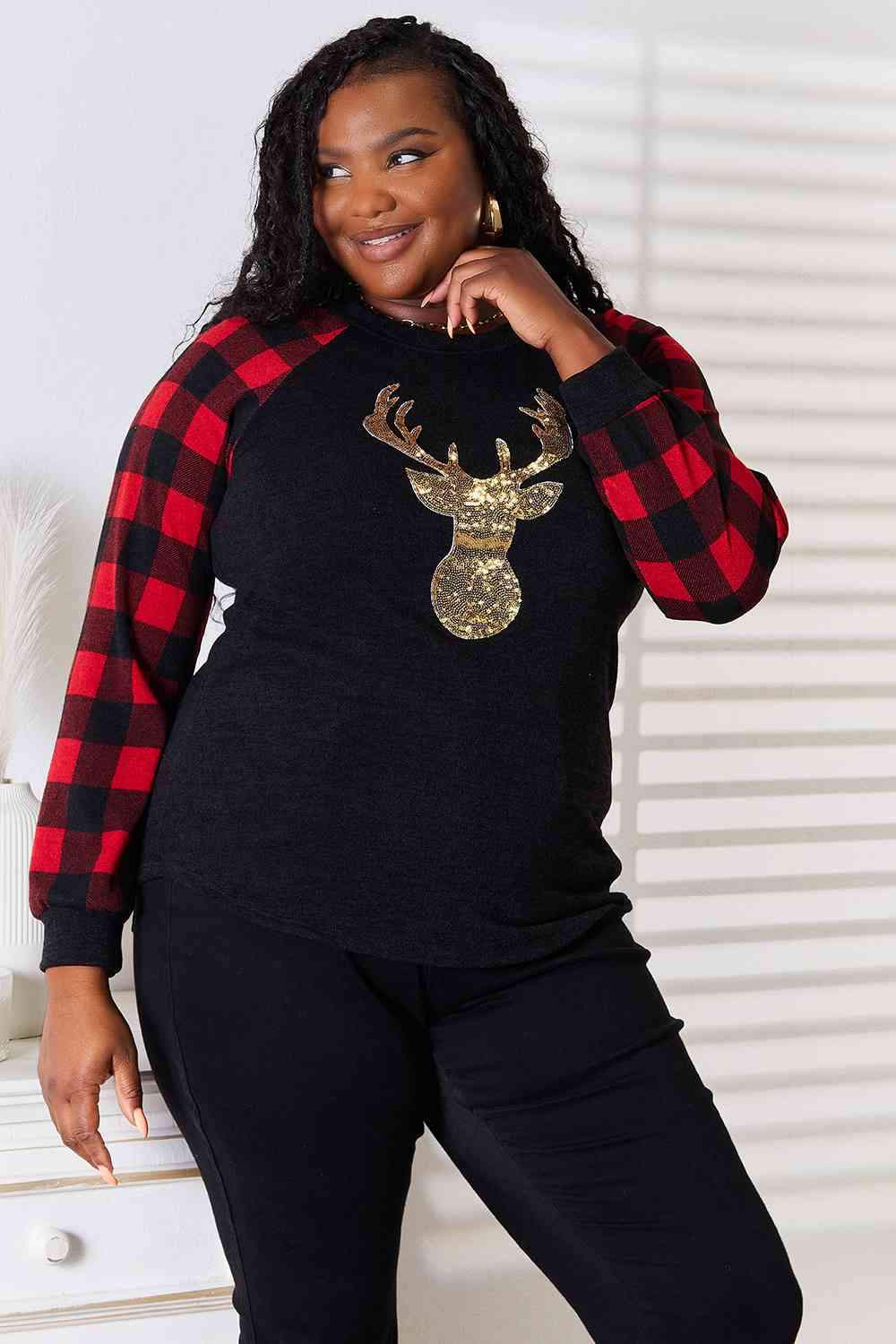 Heimish Full Size Sequin Reindeer Graphic Plaid Top Women's T-Shirts - Tophatter Daily Deals