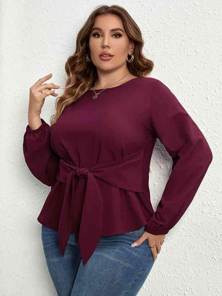 Plus Size Round Neck Tie Waist Long Sleeve Blouse Blouses - Tophatter Daily Deals