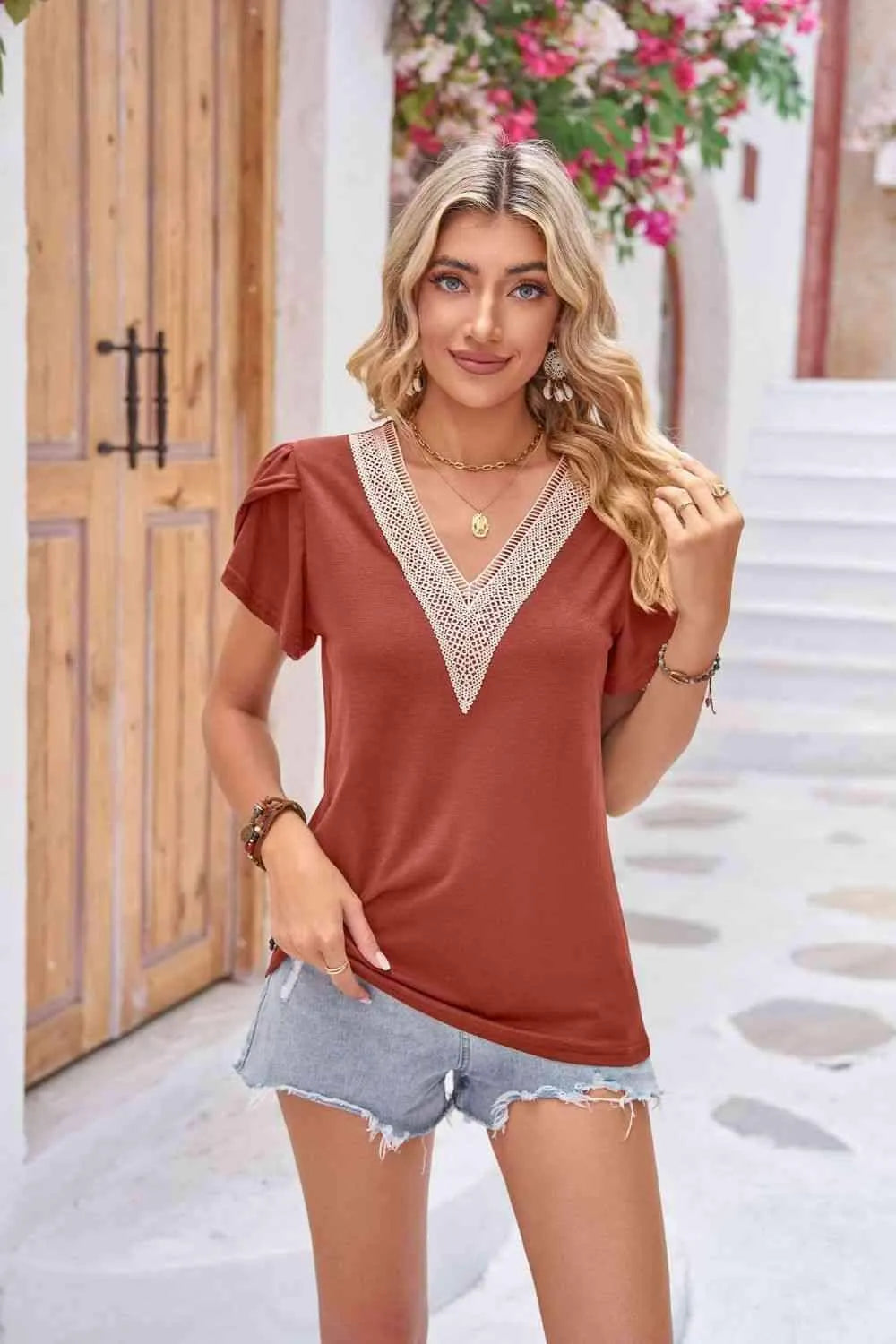 Contrast V-Neck Petal Sleeve Top Ochre Blouses - Tophatter Daily Deals