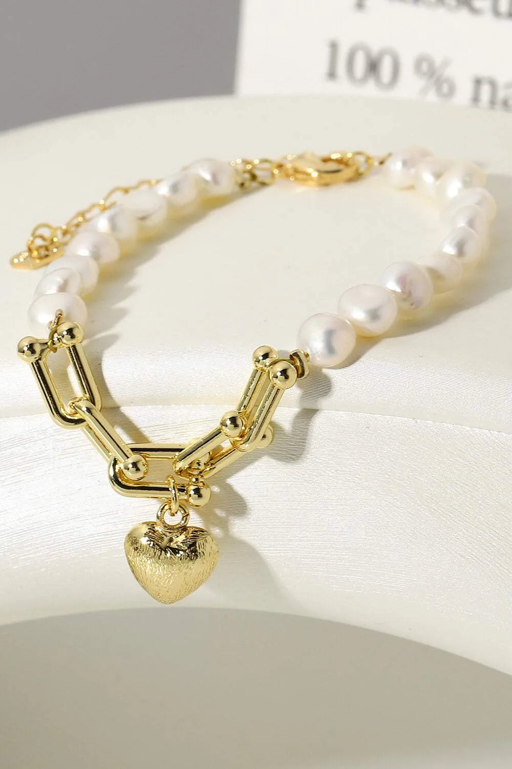 14K Gold Plated Heart Charm Pearl Bracelet Bracelets - Tophatter Daily Deals