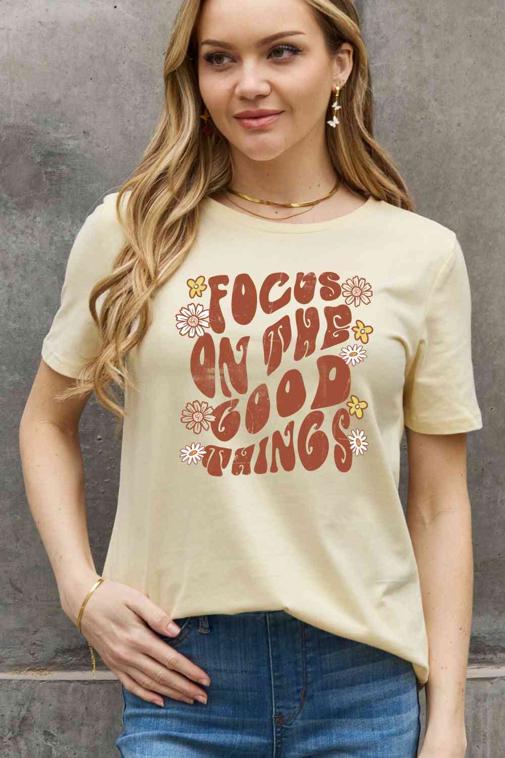 Simply Love Full Size FOCUS ON THE GOOD THINGS Graphic Cotton Tee Ivory Women's T-Shirts - Tophatter Daily Deals