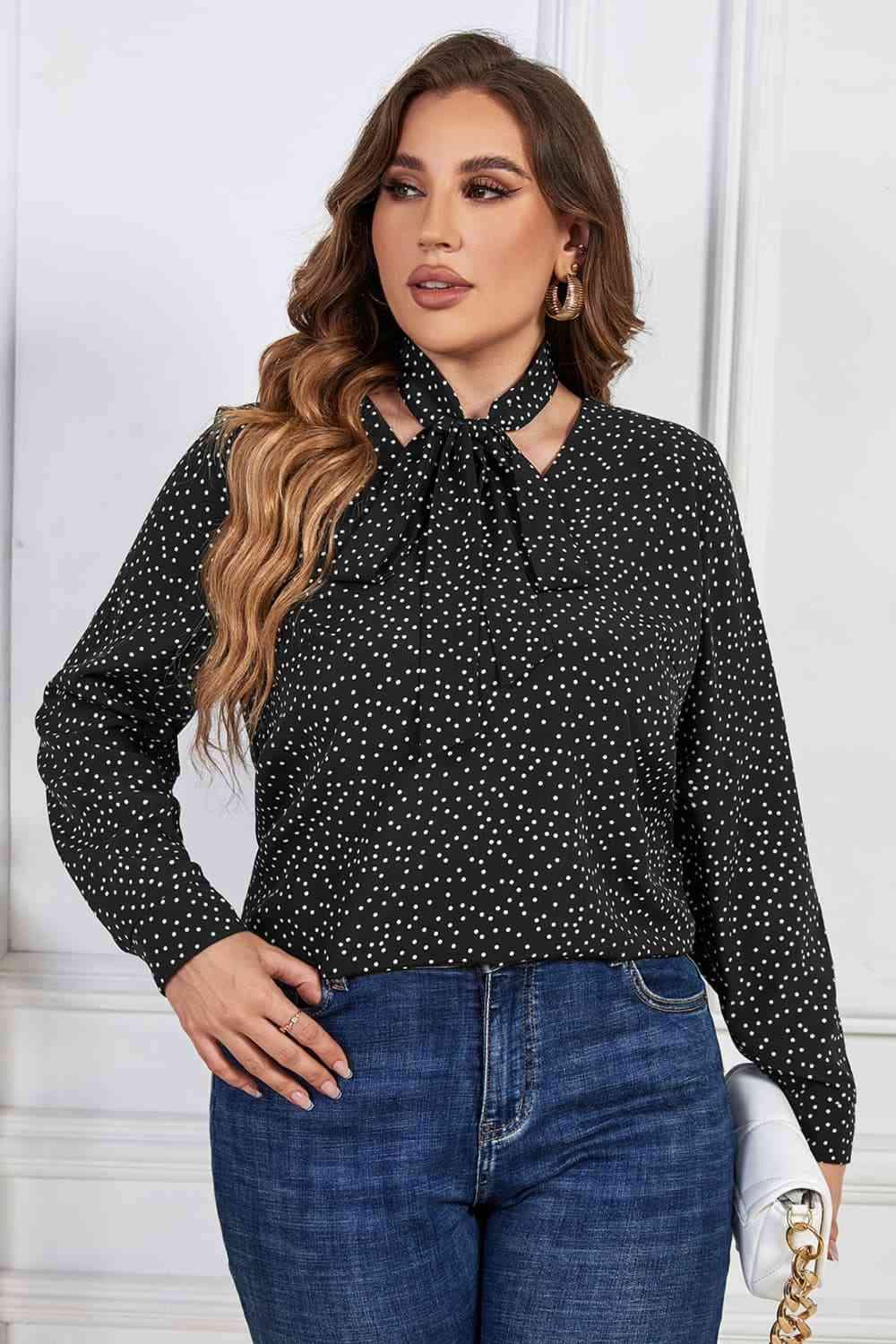 Melo Apparel Plus Size Printed Tie Neck Long Sleeve Blouse Blouses - Tophatter Daily Deals