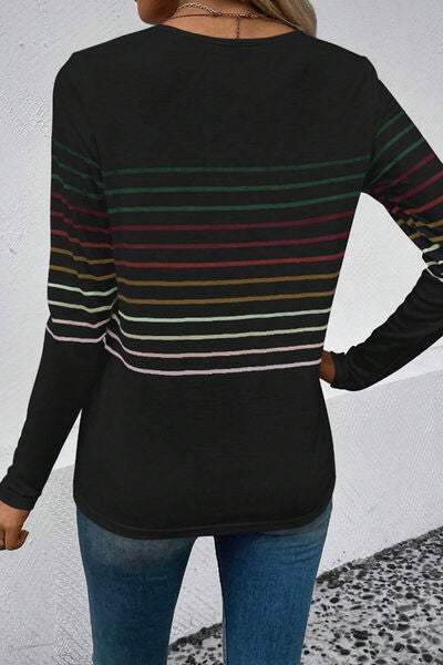 Striped Round Neck Long Sleeve T-Shirt Women's T-Shirts - Tophatter Daily Deals