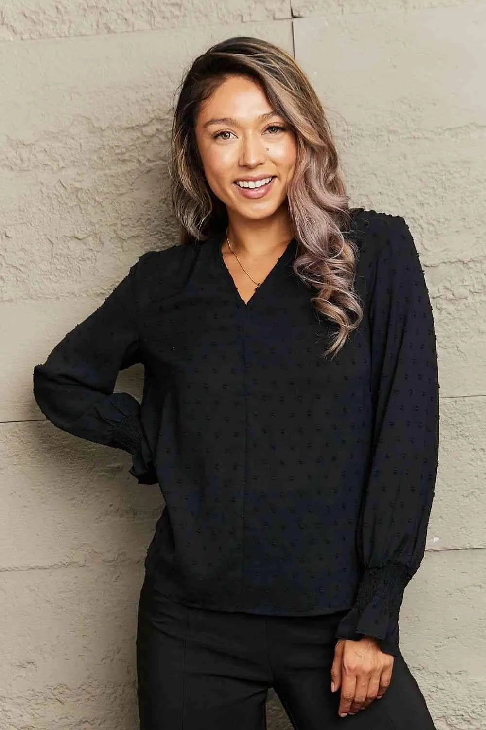 Swiss Dot V-Neck Flounce Sleeve Blouse Blouses - Tophatter Daily Deals