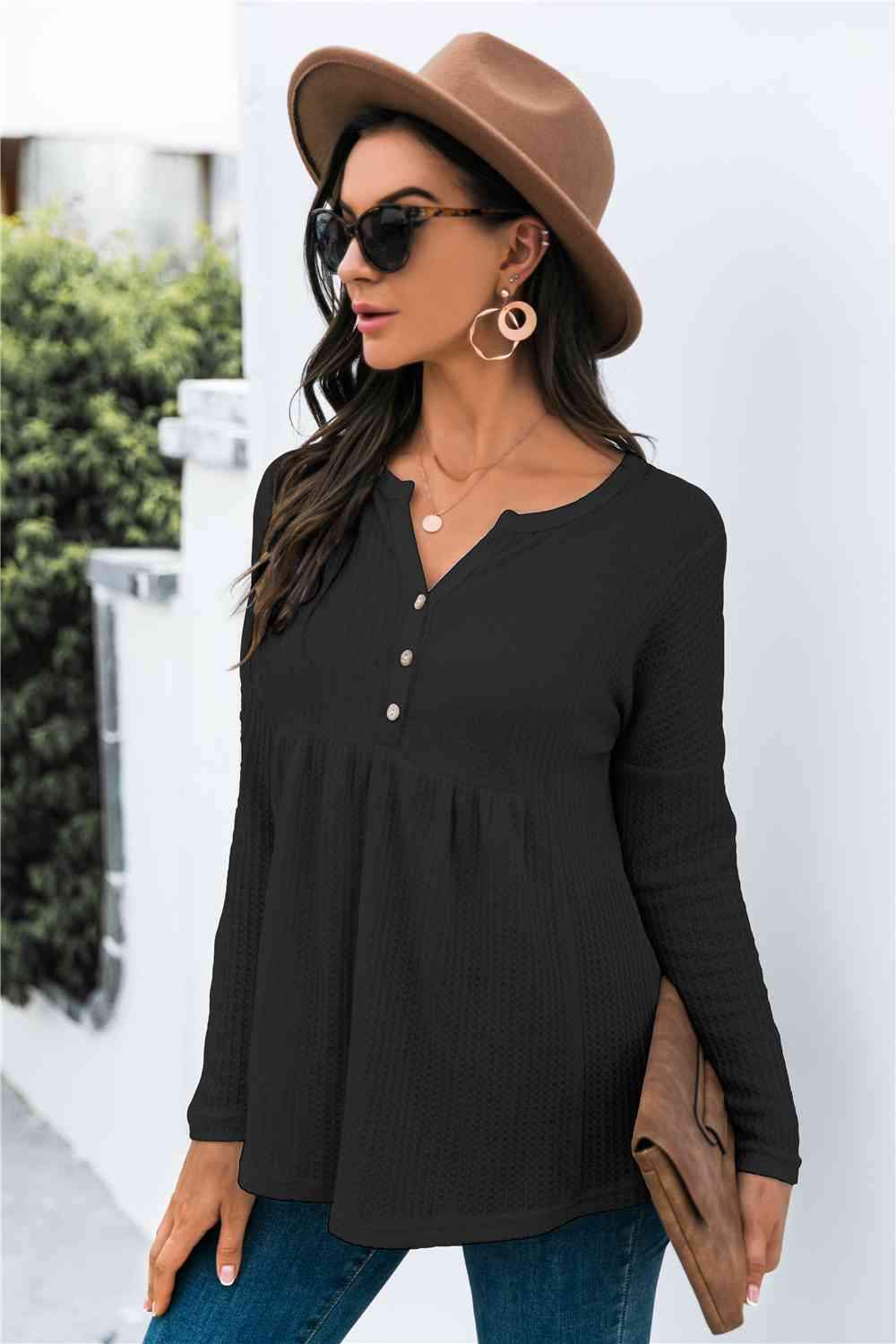 Button Front Waffle Knit Babydoll Top Blouses - Tophatter Daily Deals