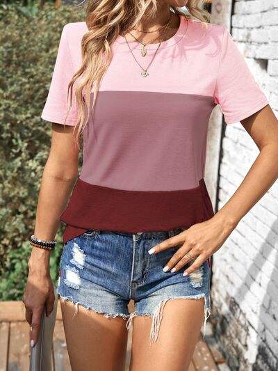 Color Block Round Neck Short Sleeve T-Shirt Wine Women's T-Shirts - Tophatter Daily Deals