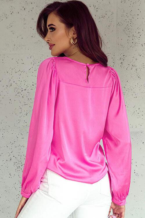 Round Neck Ruff Sleeve Blouse Blouses - Tophatter Daily Deals