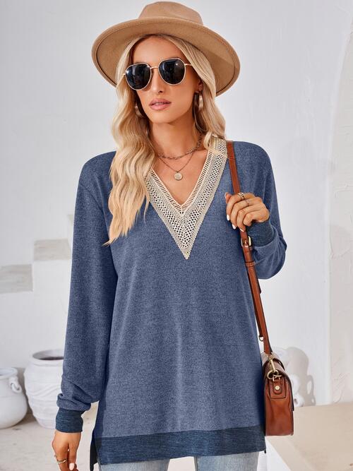 Crochet Contrast V-Neck Long Sleeve Slit T-Shirt Women's T-Shirts - Tophatter Daily Deals