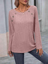 Ribbed Buttoned Round Neck Long Sleeve T-Shirt Pale Blush Women's T-Shirts - Tophatter Daily Deals