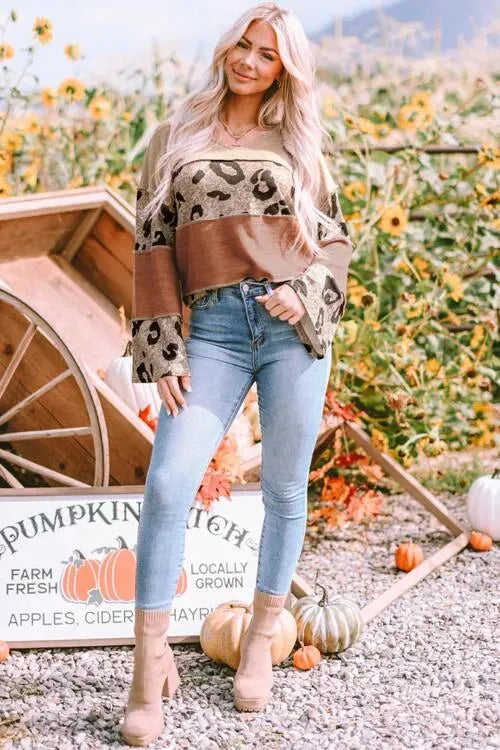 Leopard Colorblock Patchwork V-Neck Loose Sleeve Knit Top Blouses - Tophatter Daily Deals