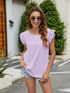 Plaid Ruffled Round Neck Cap Sleeve T-Shirt Women's T-Shirts - Tophatter Daily Deals