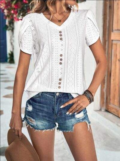 Eyelet V-Neck Petal Sleeve T-Shirt White Women's T-Shirts - Tophatter Daily Deals