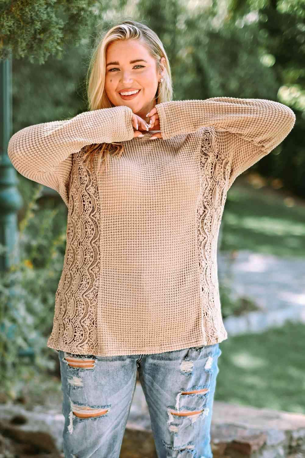 Plus Size Waffle-Knit Spliced Lace Top Blouses - Tophatter Daily Deals