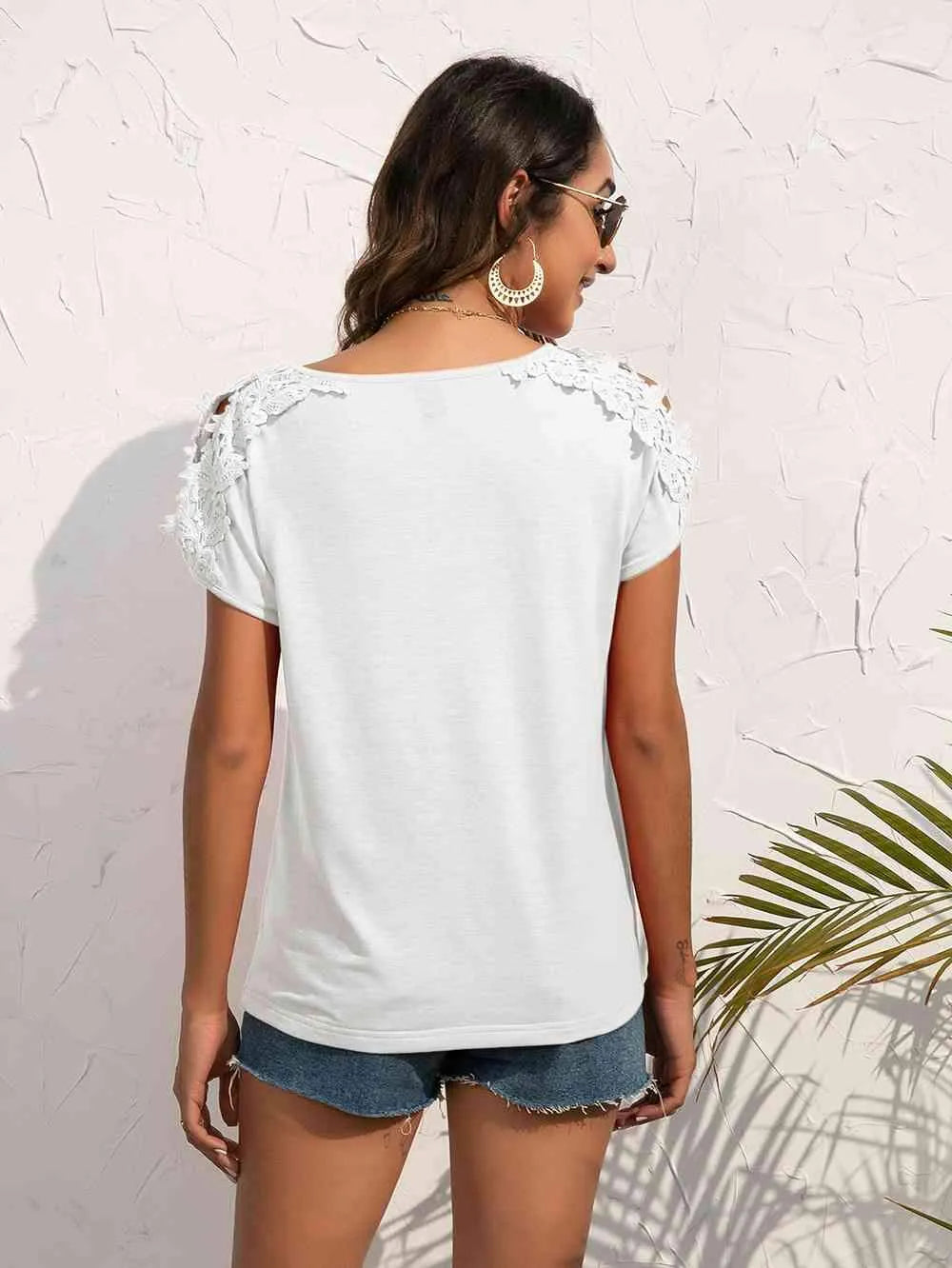 Spliced Lace Cold-Shoulder Blouse Blouses - Tophatter Daily Deals