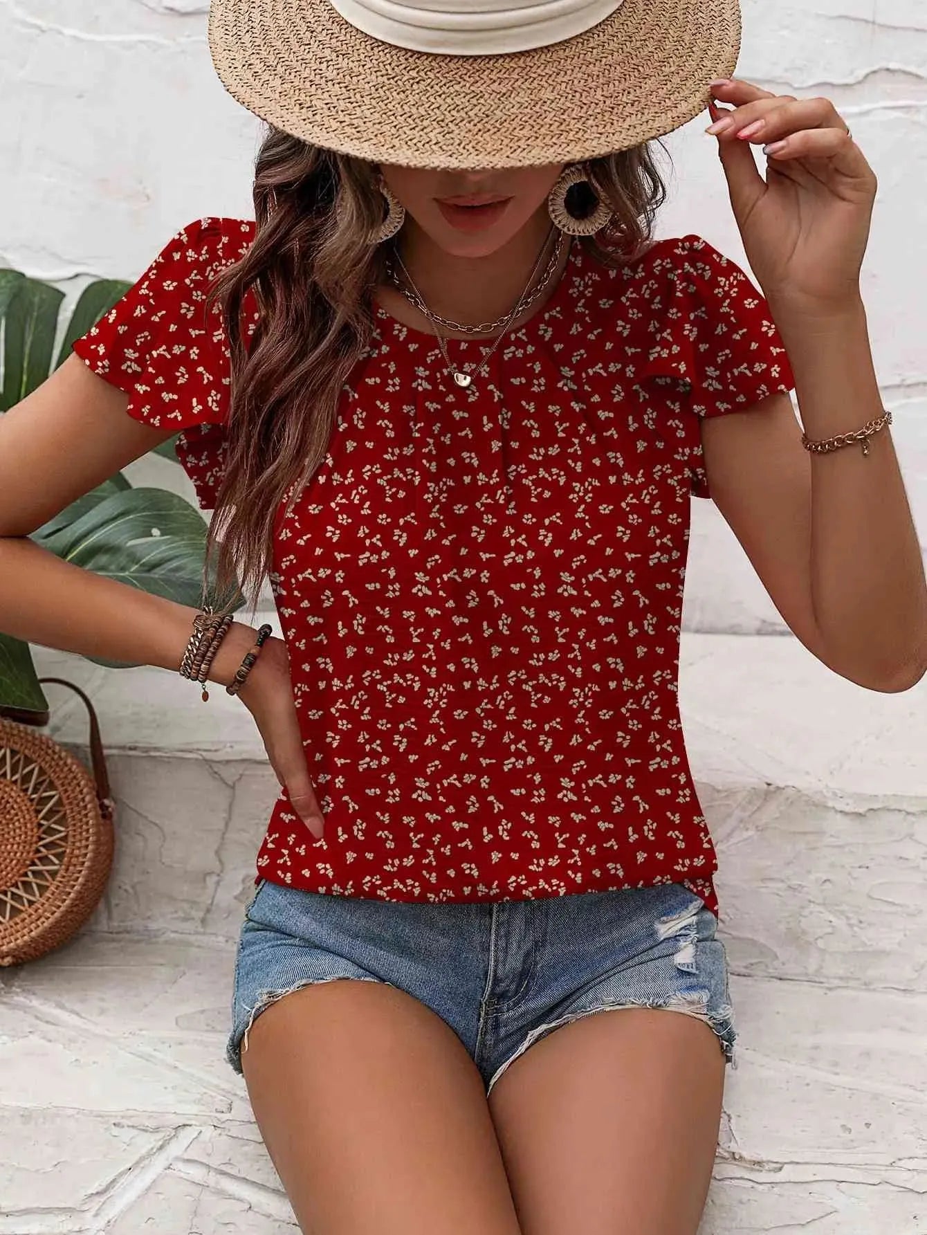 Textured Flutter Sleeve Blouse Wine Blouses - Tophatter Daily Deals