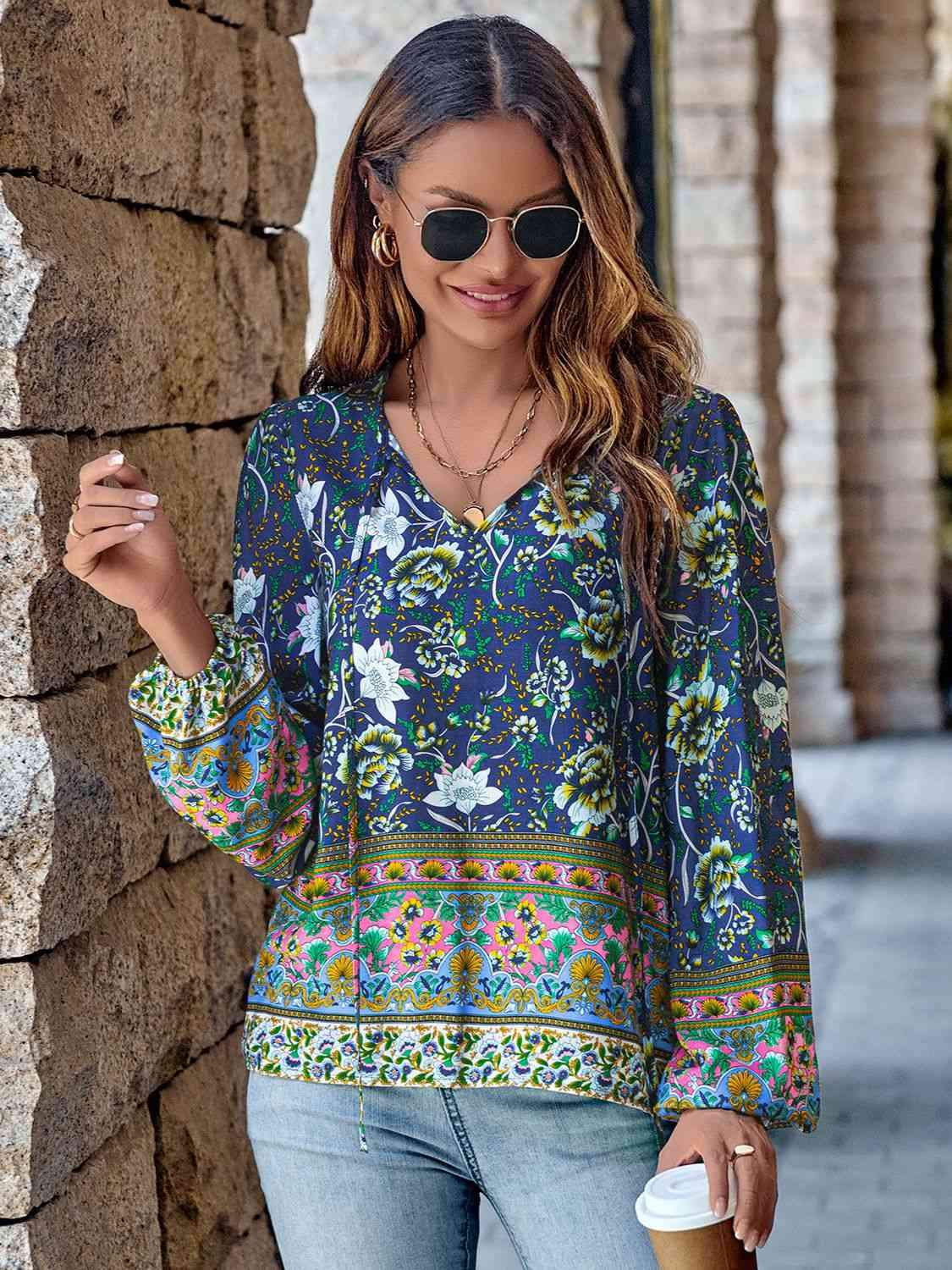 Printed Tie Neck Long Sleeve Blouse Blouses - Tophatter Daily Deals