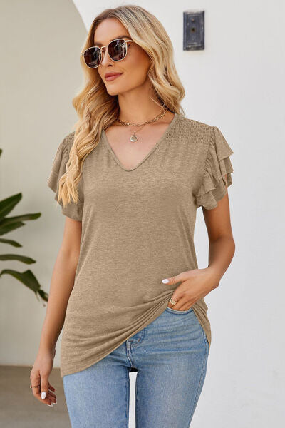 Ruffled V-Neck Flutter Sleeve T-Shirt Camel Women's T-Shirts - Tophatter Daily Deals