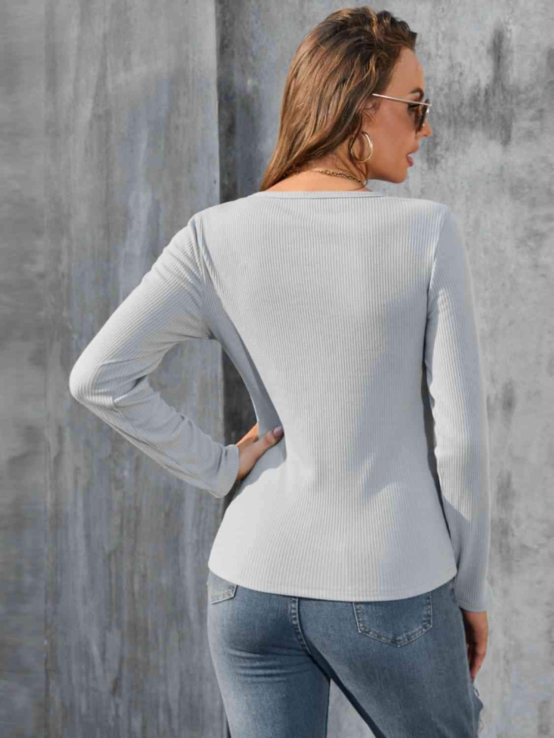 Buttoned Round Neck Long Sleeve T-Shirt Women's T-Shirts - Tophatter Daily Deals