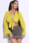 Tie Front Johnny Collar Flare Sleeve Cropped Top Blouses - Tophatter Daily Deals