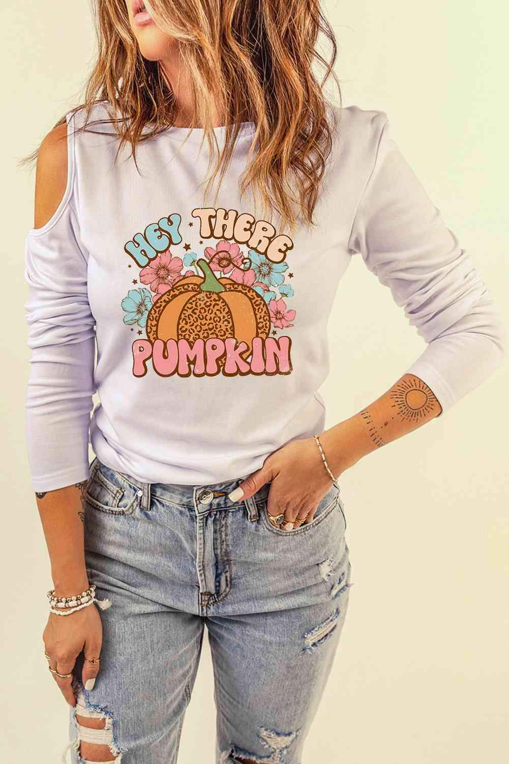 Asymmetrical HEY THERE PUMPKIN Graphic Cold Shoulder Tee Women's T-Shirts - Tophatter Daily Deals