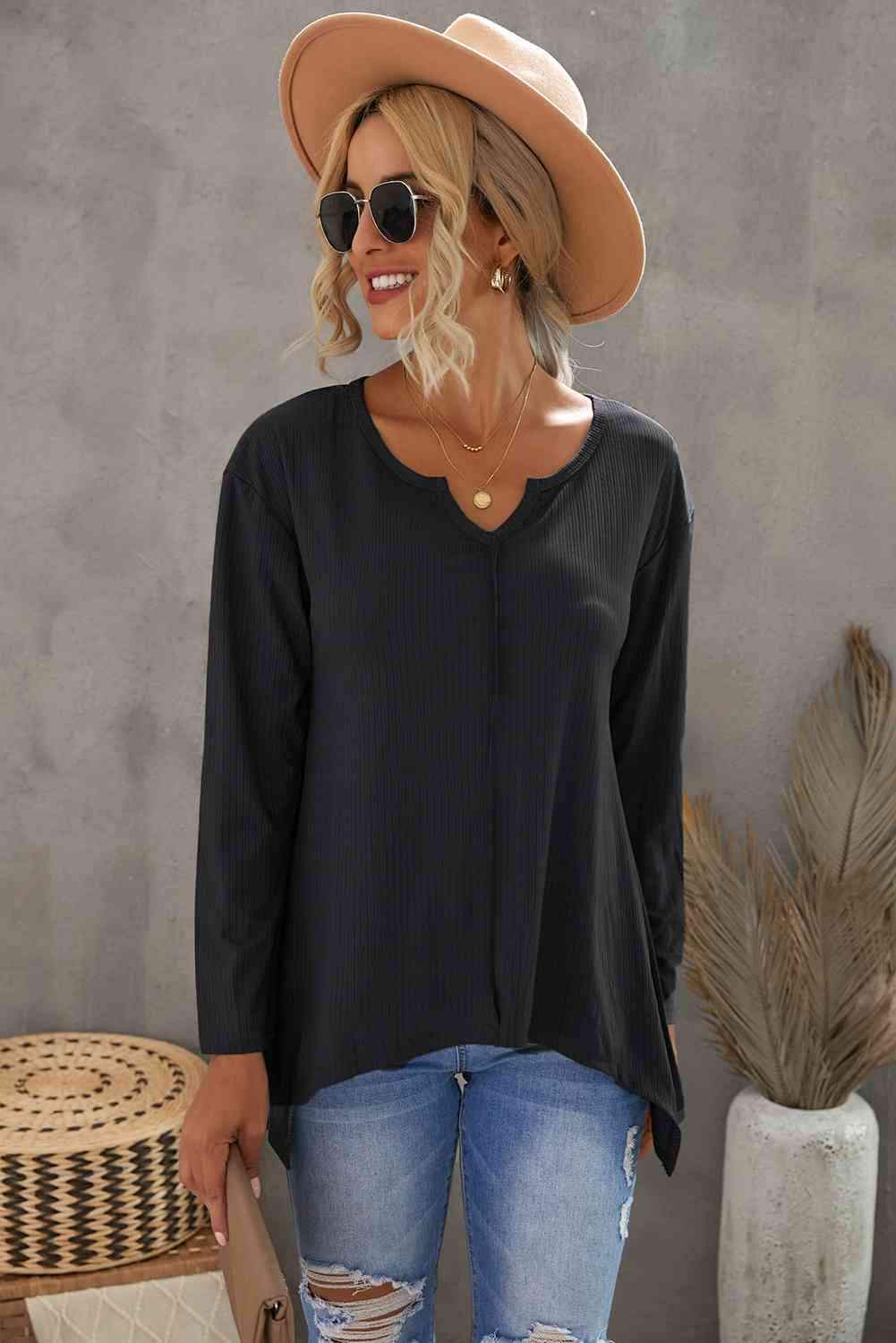 Notched Neck Asymmetric Hem Top Black Blouses - Tophatter Daily Deals