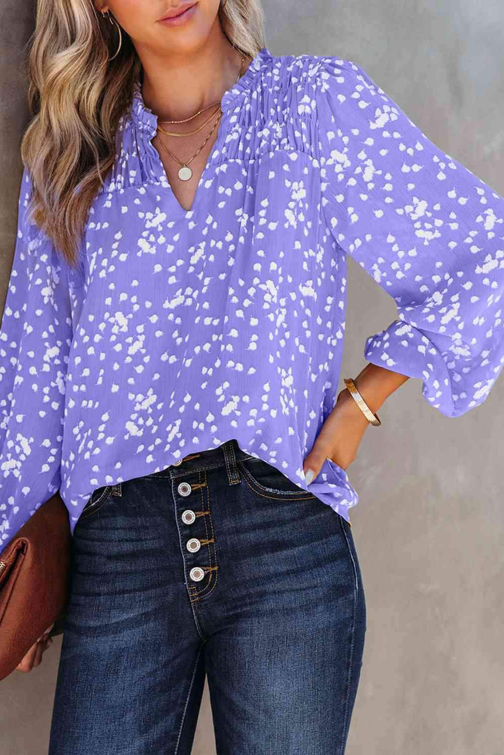 Double Take Printed Notched Neck Smocked Blouse Lavender Blouses - Tophatter Daily Deals