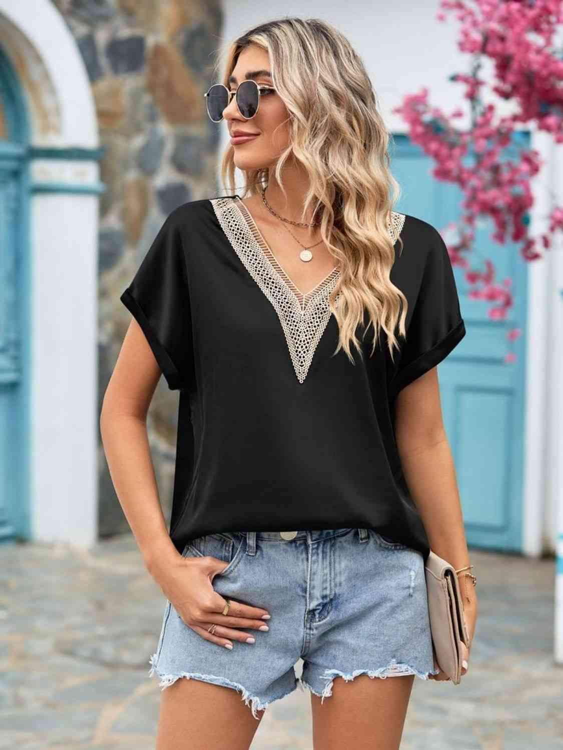 V-Neck Cuffed Blouse Black Blouses - Tophatter Daily Deals