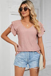 Eyelet V-Neck Short Sleeve T-Shirt Peach Women's T-Shirts - Tophatter Daily Deals