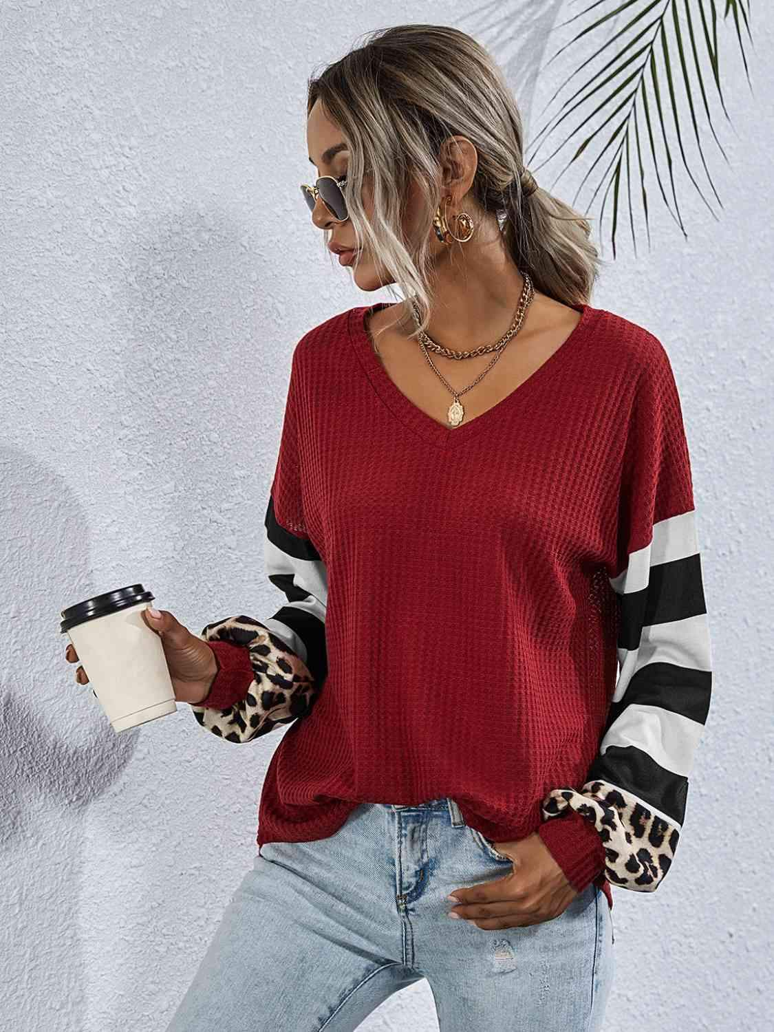 Leopard Striped Waffle-Knit Top Wine Blouses - Tophatter Daily Deals