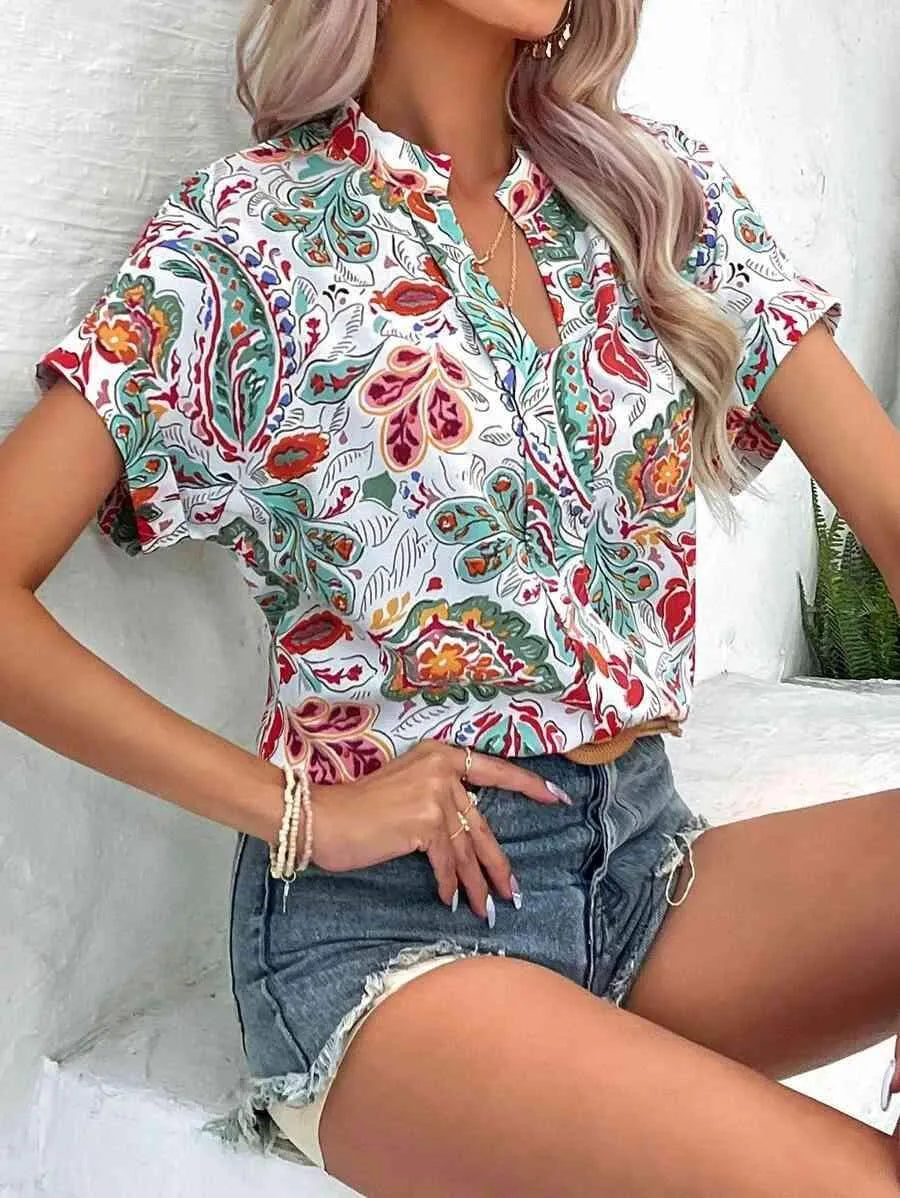 Printed Notched Neck Short Sleeve Blouse Blouses - Tophatter Daily Deals