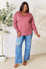 Culture Code Full Size V-Neck Exposed Seam Long Sleeve Blouse Blouses - Tophatter Daily Deals