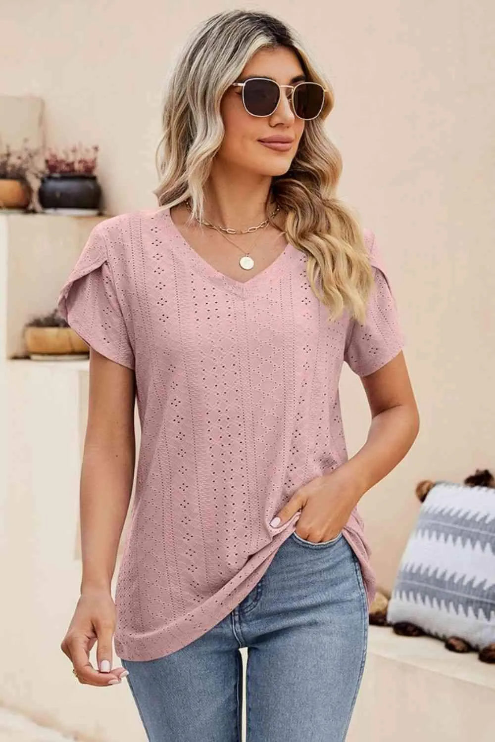 Eyelet Petal Sleeve V-Neck Knit Top Blouses - Tophatter Daily Deals