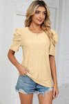 Eyelet Round Neck Puff Sleeve T-Shirt Women's T-Shirts - Tophatter Daily Deals