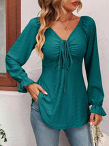 Tie Front V-Neck Puff Sleeve Blouse Teal Blouses - Tophatter Daily Deals