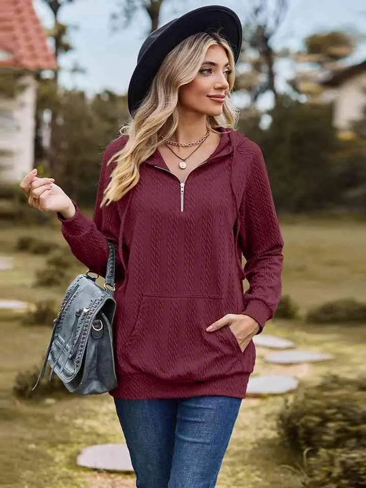 Cable-Knit Zip-Up Hooded Blouse Blouses - Tophatter Daily Deals
