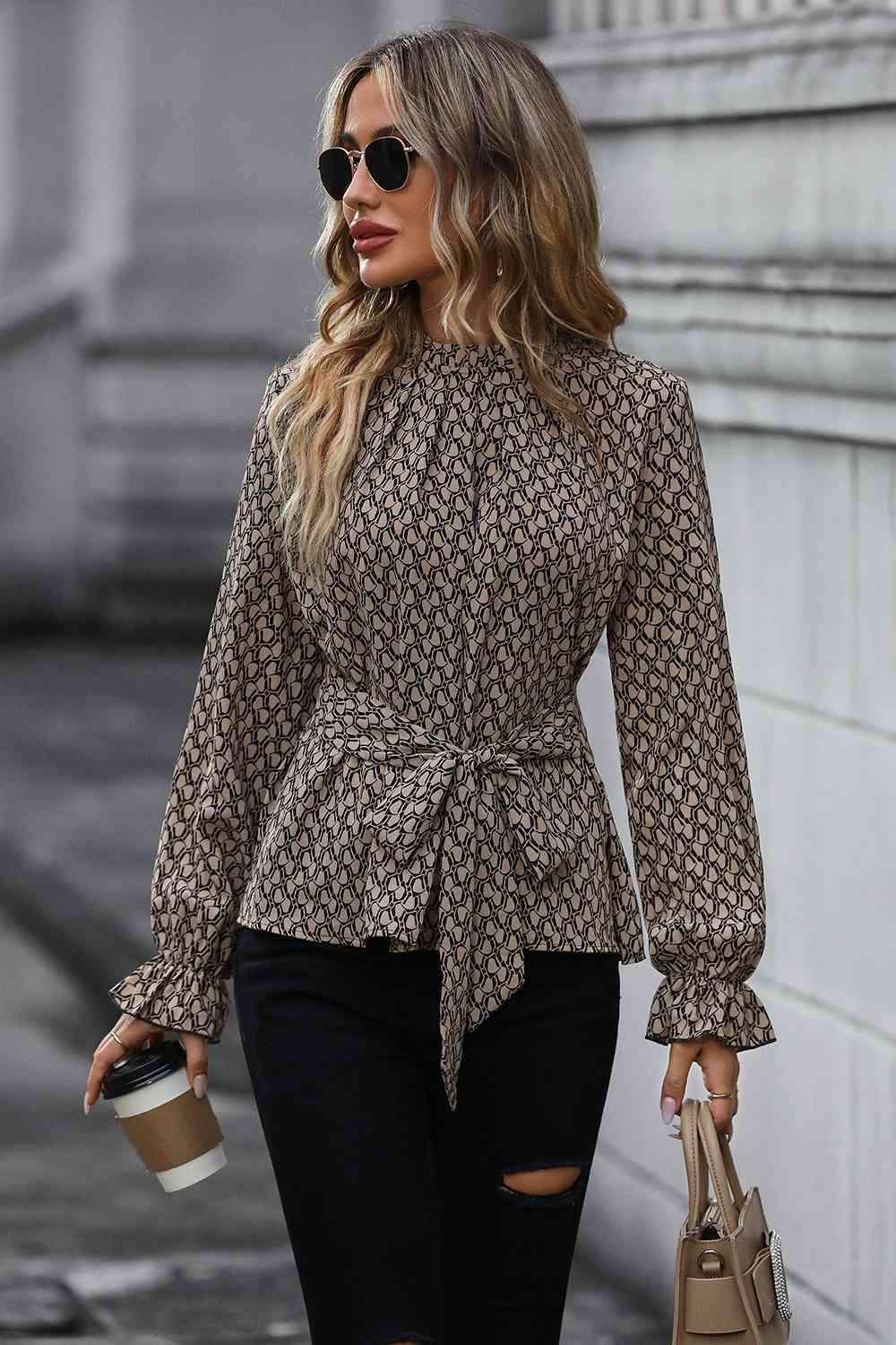 Printed Tie Front Flounce Sleeve Blouse Taupe Blouses - Tophatter Daily Deals