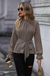 Printed Tie Front Flounce Sleeve Blouse Taupe Blouses - Tophatter Daily Deals