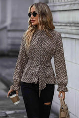 Printed Tie Front Flounce Sleeve Blouse Taupe Blouses - Tophatter Daily Deals
